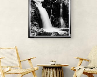Vertical Mountain Waterfall Cascade in Adirondacks Black and White Art