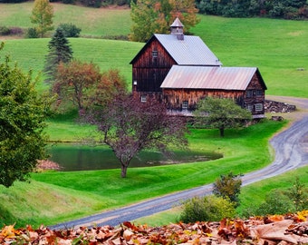 May include: A red barn with a gray roof sits on a grassy hill with a pond in the foreground. The barn is surrounded by trees with fall foliage. The ground in the foreground is covered in fallen leaves.