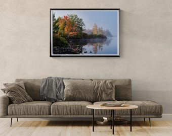 Misty Autumn Lake Shoreline Photography Print