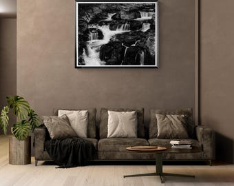 Cascading Adirondack Waterfall over River Rocks Black and White Print