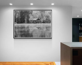 Adirondack Lake Cabin Black and White Print