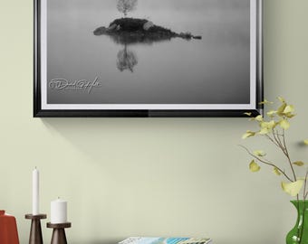 Misty Island Tree Black and White Print