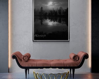 Full Moon over Misty Adirondack Lake at Night Photography Print