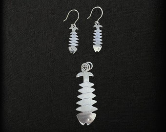 Vintage Fish Bones Skeleton .925 Silver Taxco Earring and Pendant Set Made in Mexico