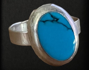 Vintage Blue Magnesite .925 Silver Ring Adjustable Size Made in Mexico