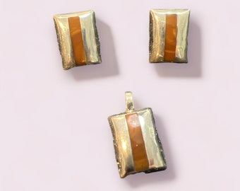 Brown Tiger's Eye in .925 Silver Earring and Pendant Set Made in Mexico
