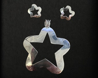 Vintage Puff Star Silver Earrings and Pendant set .925 Silver Made in Mexico