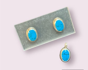 Vintage Blue Magnesite and Silver earrings and pendant set in .925 Silver Taxco Made in Mexico