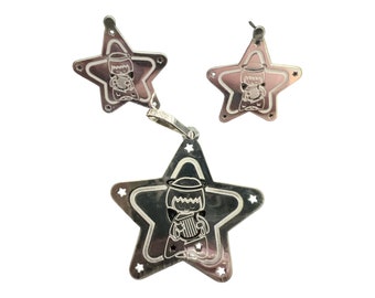Cute Angel Star Etched Earrings and Pendant .925 Silver Set Made in Mexico