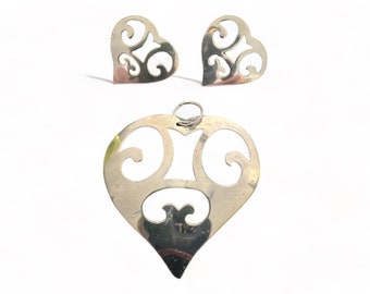 Vintage Heart Design Cut outs in .925 Silver Earrings and Pendant Made in Mexico