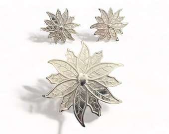 Christmas Poinsettia Flower Earrings and Pendant set .925 Silver Made in Mexico