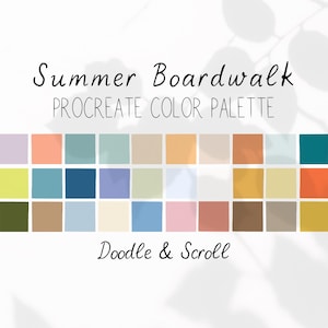 May include: A Procreate color palette titled "Summer Boardwalk" with a variety of pastel and warm colors. The palette includes shades of pink, blue, orange, and yellow, arranged in a grid. The words "Doodle & Scroll" are also present.