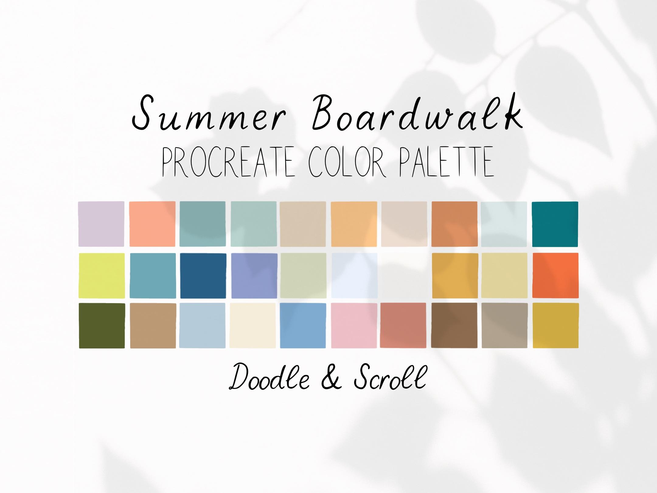 Paleta de colores para Procreate Summer Boardwalk — 30 swatches costeros con códigos hex