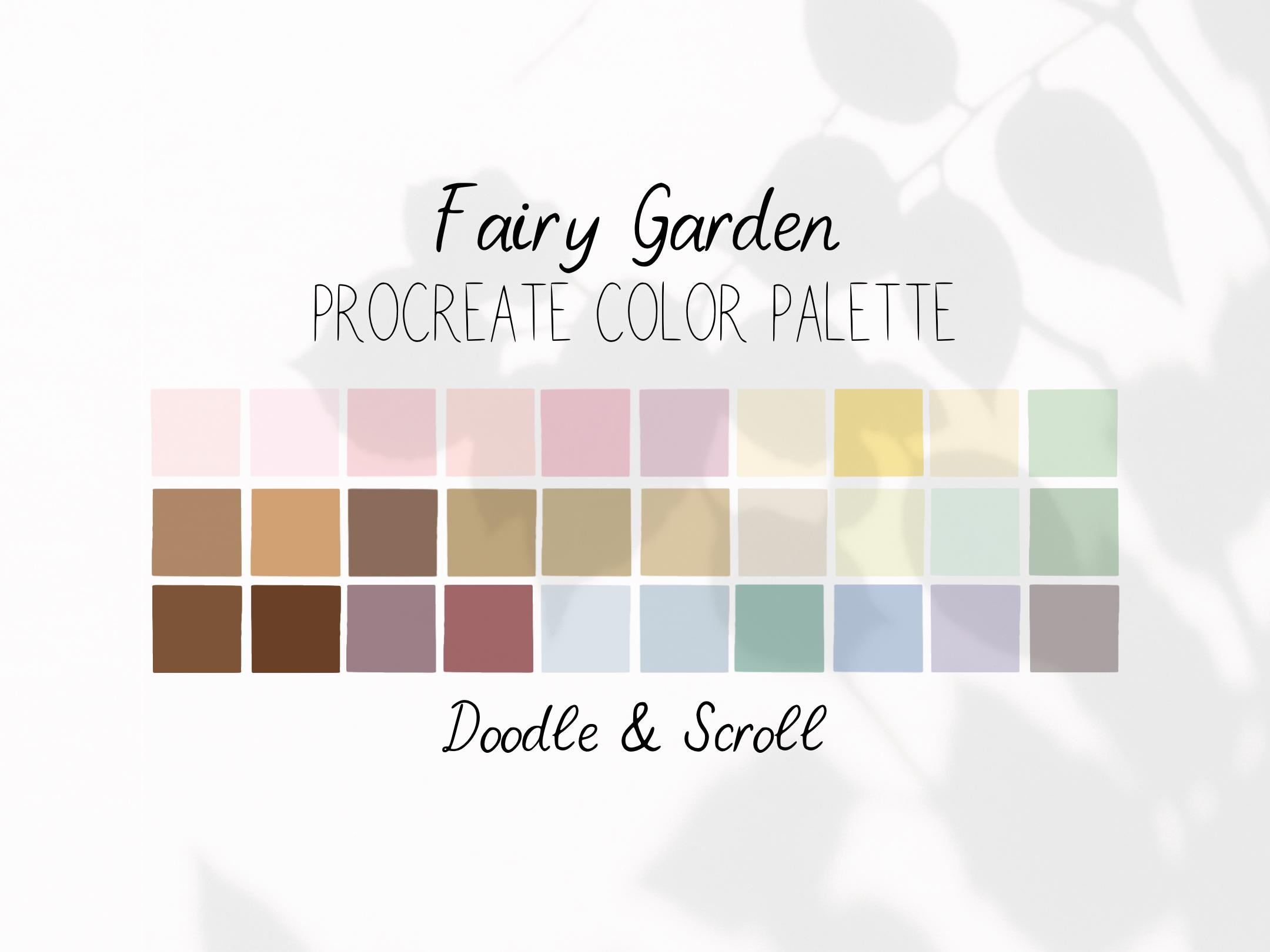 Paleta de colores Procreate Fairy Garden – Pasteles florales y verdes terrosos (30 colores)
