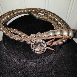 Unique Beaded Leather Wrap Bracelet with Decorative Button