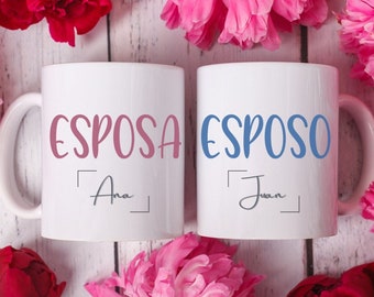 Personalised Esposo Esposa mugs. Tazas para pareja casada. Anniversary, Regalo de aniversario. Tazas bodas, Regalo de bodas. Spanish couple.