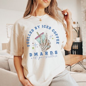 Rheumatoid Arthritis Psoriatic Arthritis Iced Coffee and DMARDS Humor Chronic Pain sarcastic Tee RA pain t shirt. Funny Painkillers T Shirt.