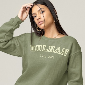 Personalised Dulhan sweatshirt, Indian bride gift, Engagement gift for desi bride to be. Dulhan gift, Varsity style military green jumper.