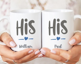 Personalised His and His mugs. Gay couple mug set. Male couple mug gift set, Gay wedding engagement his and his gift mugs. Mr and Mr mugs.