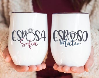 Personalized Spanish Wedding Wine Tumblers: Esposo Esposa Gift Set