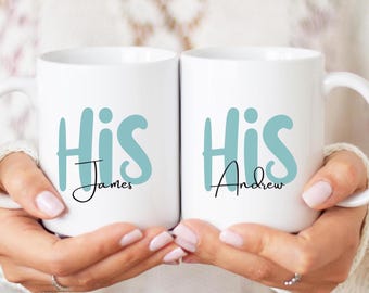 Personalised His and His mugs. Gay couple mug set. Male couple mug gift set, Gay wedding engagement his and his gift mugs. Mr and Mr mugs.