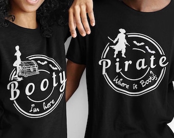 Funny Pirate Booty Matching Halloween T-Shirts: Couples Spooky Season Shirts