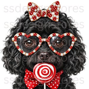 May include: A black curly-haired dog wearing heart-shaped glasses with red and white crystals, a matching crystal bow on its head, and a red and white polka-dot bowtie while holding a red and white swirl lollipop in its mouth.