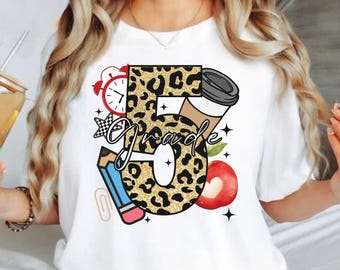 Retro Leopard Print Grade 5 T-Shirt Fifth Grade Teachers Shirt Grade Five Retro Style Teacher Squad Back To School Teacher Crew T Shirts.