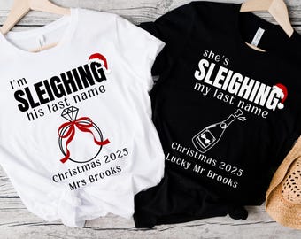 Custom Christmas Just Married Shirts for Married couples Matching Tees Husband wife First Christmas as Married couple Mr and Mrs Tee Shirts.