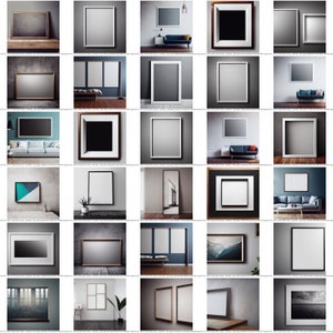 Op de afbeelding: Een verzameling van 30 verschillende mockups van fotolijsten in verschillende maten en stijlen, die laten zien hoe ze er in een huiselijke omgeving uit zouden zien. De lijsten worden getoond aan muren, planken en tafels, waarbij sommige kunstwerken bevatten en andere leeg blijven.
