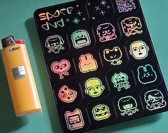 Retro Pixel Art Holographic Sticker Sheet – Gamer Cat, Alien & Kawaii Vinyl Laptop Stickers