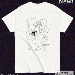 May include: A white short-sleeve t-shirt featuring a black line art graphic on the front. The design includes abstract shapes, dotted lines, and the text 2026 aetherway, always never, and 001. The shirt has a crew neckline and a standard fit.