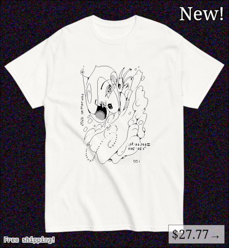 May include: A white short-sleeve t-shirt featuring a black line art graphic on the front. The design includes abstract shapes, dotted lines, and the text 2026 aetherway, always never, and 001. The shirt has a crew neckline and a standard fit.