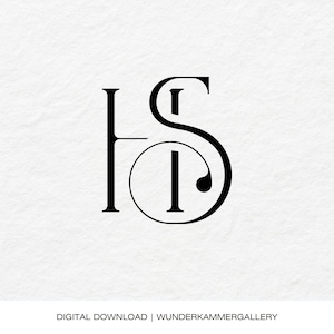 Peut inclure: Monogramme noir avec les lettres 'H' et 'S' entrelacées, le 'I' étant intégré dans un cercle. Le design est posé sur un fond blanc texturé. Le texte 'DIGITAL DOWNLOAD | WUNDERKAMMERGALLERY' est en bas.
