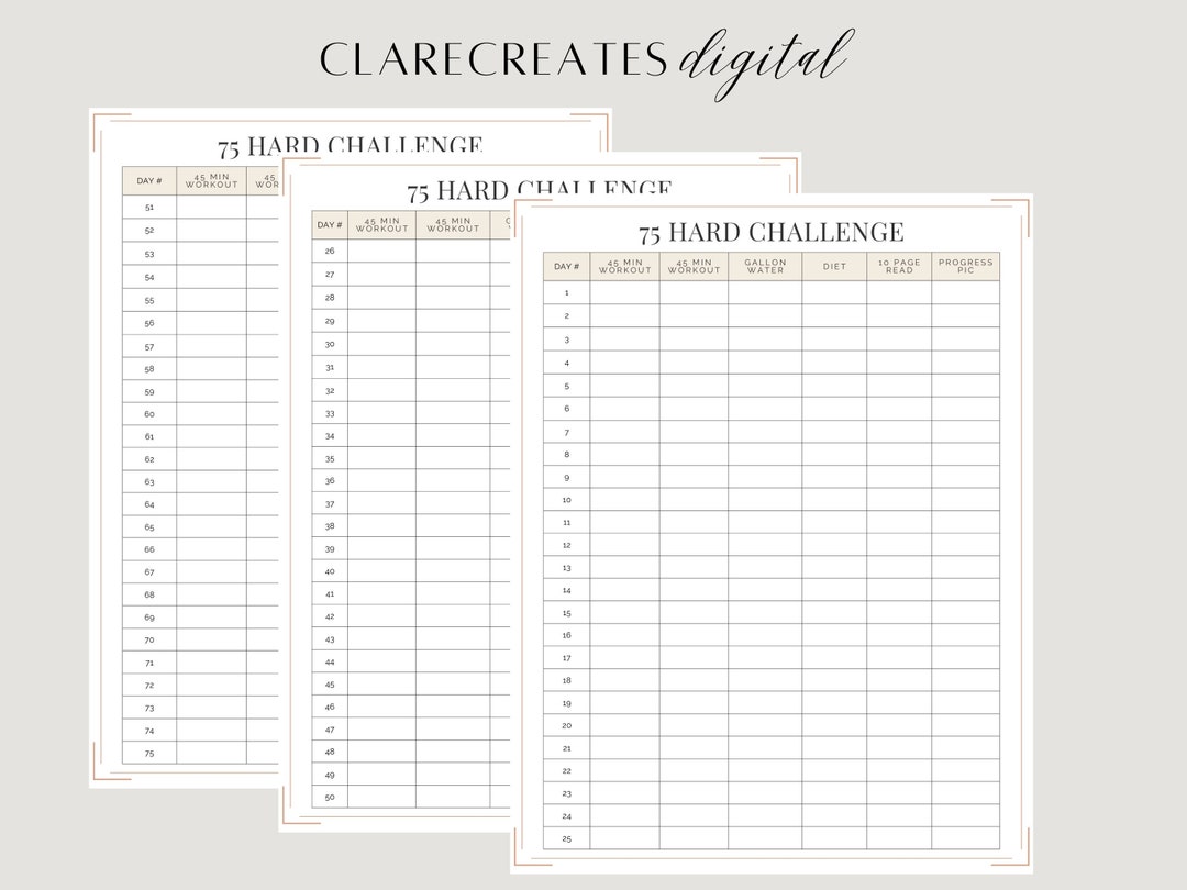75 Hard Challenge Tracker 75 Hard Challenge Printable Fitness Tracker ...