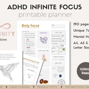 ADHD Planner science based, PRINTABLE Adult ADHD Journal, daily planner, self care & mental health pages. Adhd productivity planner. afbeelding 1