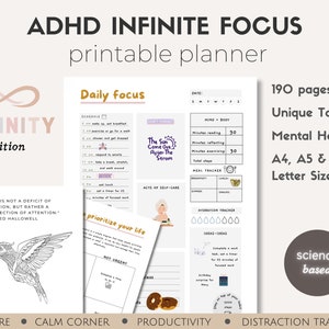 ADHD Planner (science based), PRINTABLE Adult ADHD Journal, daily planner, self care & mental health pages. Adhd productivity planner.