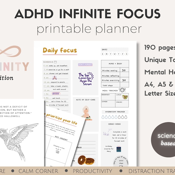 ADHD Planner (science based), PRINTABLE Adult ADHD Journal, daily planner, self care & mental health pages. Adhd productivity planner.