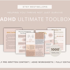 Può includere: Un download digitale di un ADHD Ultimate Toolbox con oltre 1000 modelli. L'immagine mostra uno sfondo rosa con tre pagine della toolbox, tra cui sezioni su ADHD e percezione del tempo, tecniche pratiche di gestione del tempo, evitare comportamenti impulsivi e strumenti di autovalutazione. Il testo "CONTENUTO COMPLETAMENTE PRE-SCRITTO | FOGLI DI LAVORO ADHD | COMPLETAMENTE MODIFICABILE" è in fondo all'immagine.