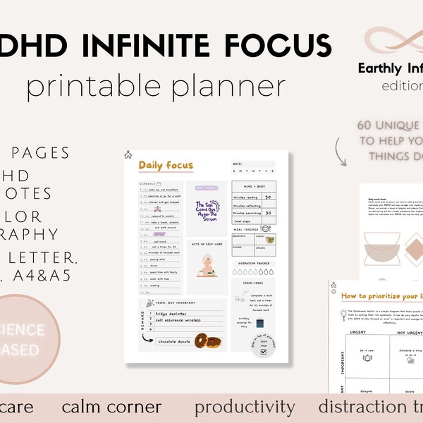 ADHD Planner (science based), PRINTABLE Adult ADHD Journal, daily planner, self care & mental health pages. Adhd productivity planner.