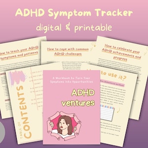 Puede incluir: Un cuaderno de trabajo rosa y amarillo titulado "ADHD ventures: Un cuaderno de trabajo para convertir tus síntomas en oportunidades". La portada presenta una ilustración de dibujos animados de una mujer asomándose desde detrás de una página enrollada. El cuaderno de trabajo está diseñado para ayudar a las personas con TDAH a hacer un seguimiento de sus síntomas, afrontar los desafíos y celebrar sus logros.