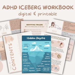 ADHD Iceberg Workbook. ADHD Depression Anxiety Inner Critic Shame Feeling Different. CBT therapy resources. Executive functioning worksheet