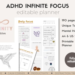 Editable ADHD Planner: Adult Daily Journal, Self-Care & Mental Health (Printable)