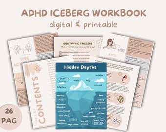 PLR ADHD Iceberg Workbook Fully Editable in Canva done for you Adhd Depression Anxiety Inner Critic Shame Feeling Different CBT therapy