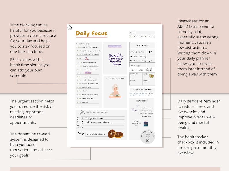 ADHD Planner science based, PRINTABLE Adult ADHD Journal, daily planner, self care & mental health pages. Adhd productivity planner. image 2