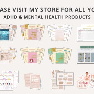 May include: A collection of printable worksheets and trackers for ADHD and mental health. The worksheets include titles like "Stress Management", "Self-Care", and "Smart Snacks for ADHD".