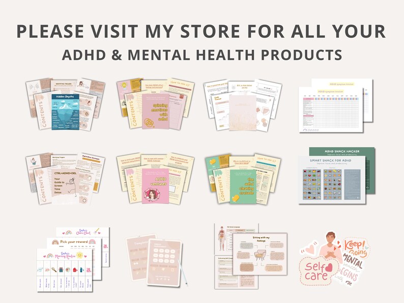 May include: A collection of printable worksheets and trackers for ADHD and mental health. The worksheets include titles like "Stress Management", "Self-Care", and "Smart Snacks for ADHD".