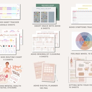 May include: A collection of printable digital resources for people with ADHD. The resources include habit trackers, routine charts, cleaning checklists, snack lists, feelings wheels, and digital planner templates. The resources are illustrated with colorful graphics and text.