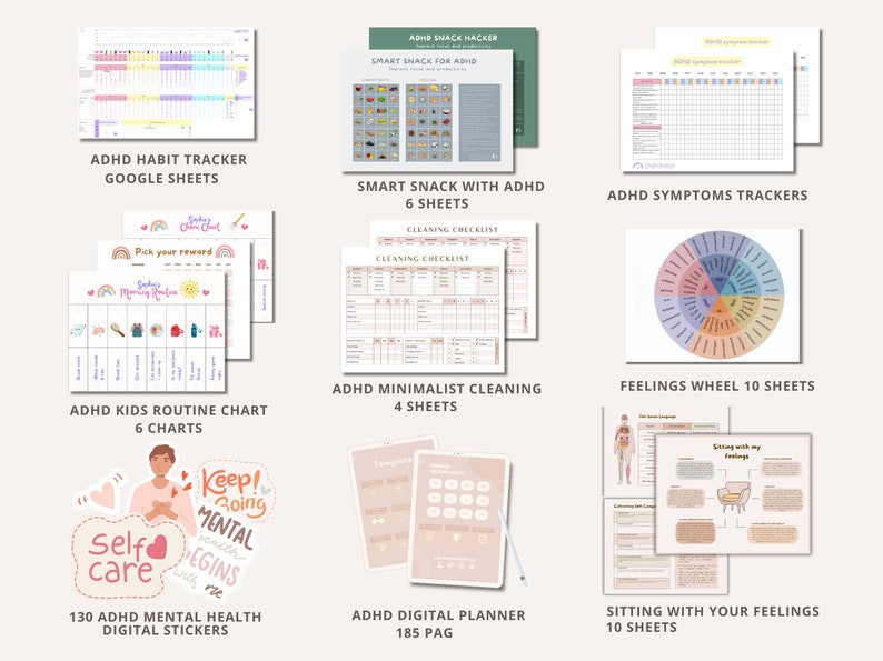 May include: A collection of printable digital resources for people with ADHD. The resources include habit trackers, routine charts, cleaning checklists, snack lists, feelings wheels, and digital planner templates. The resources are illustrated with colorful graphics and text.