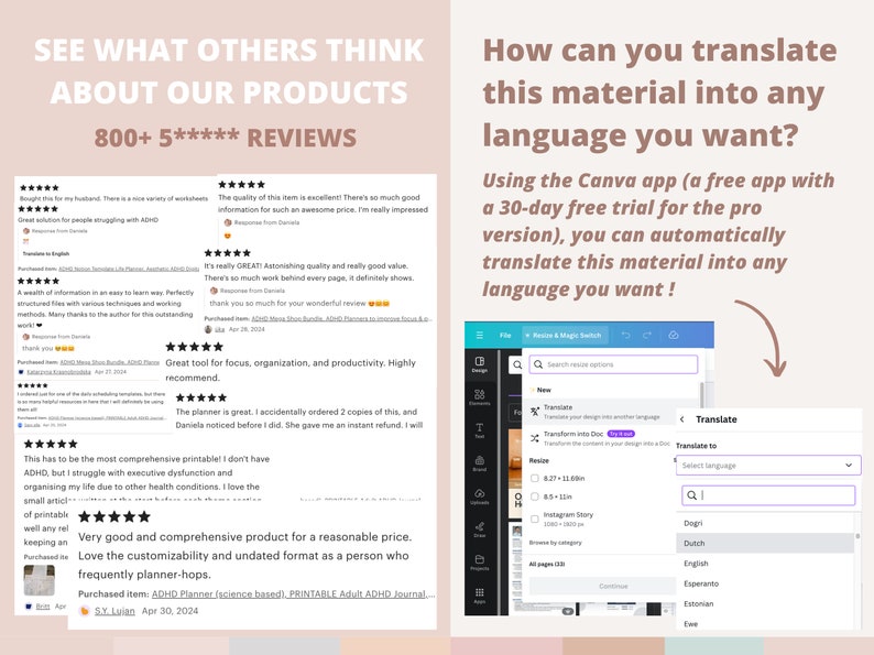 May include: A screenshot of a website with customer reviews for a product. The reviews are positive and highlight the quality and value of the product. The website also features a call to action to learn more about the product. The text on the image reads "See what others think about our products 800+ 5***** Reviews".